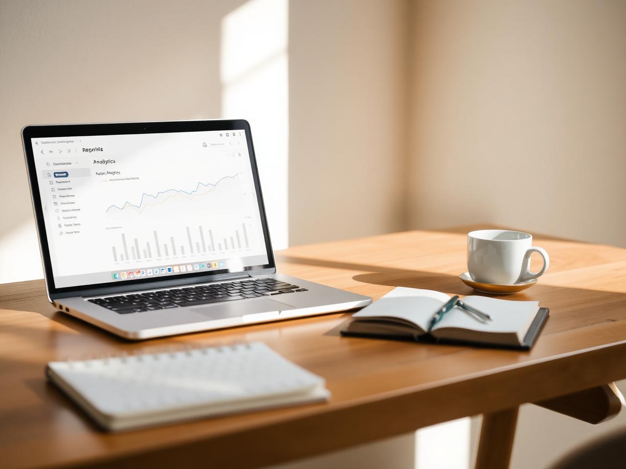 A clean modern desk with a dashboard on a laptop, morning daylight, a coffee mug and a printed report.